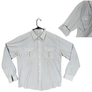 Bohio Button Up Shirt L Men Seersucker Stripe Structured Fitted Roll Tab Sleeves